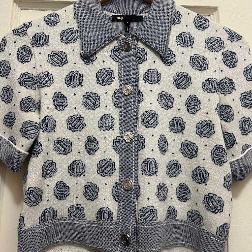 Maje White and Navy Patterned Button-Down Short Sleeve Top